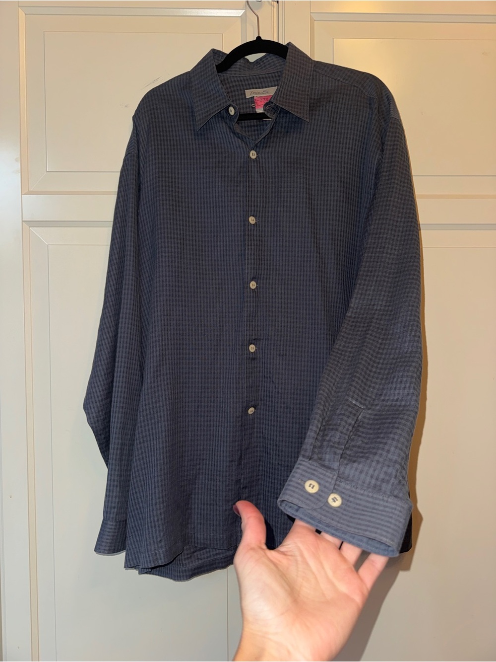 Vintage Men's Dark Blue plaid linen blend Button-Up Shirt - size L